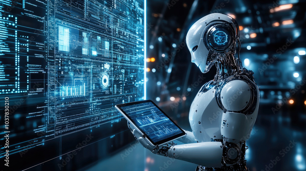 Aufkleber robots working in front of screens