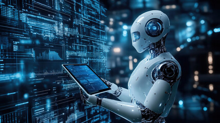Fototapeta premium Robots working in front of screens
