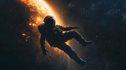 Naklejka premium Spaceman and planet, human in space concept. 
