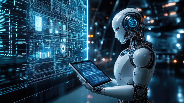 Robots working in front of screens