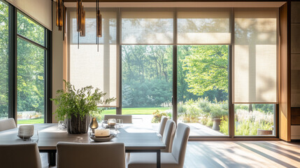 Fototapeta premium Window treatments. Modern Dining Room with Large Windows and Minimalist Roller Shades Overlooking a Green Garden - Image made using Generative AI