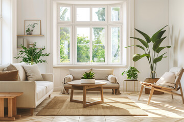 Scandinavian-inspired living room with white walls, a beige sofa, wooden armchairs, and indoor plants arranged near a large bay window. interior design concept 