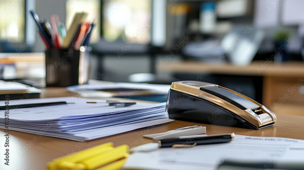 Poster an office setup with a staple remover, stapler, and paperwork neatly arranged on the desk.