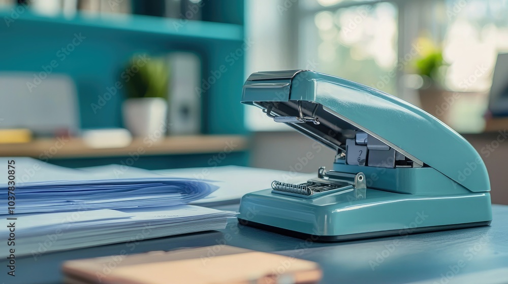 Poster an office setup with a staple remover, stapler, and paperwork neatly arranged on the desk.