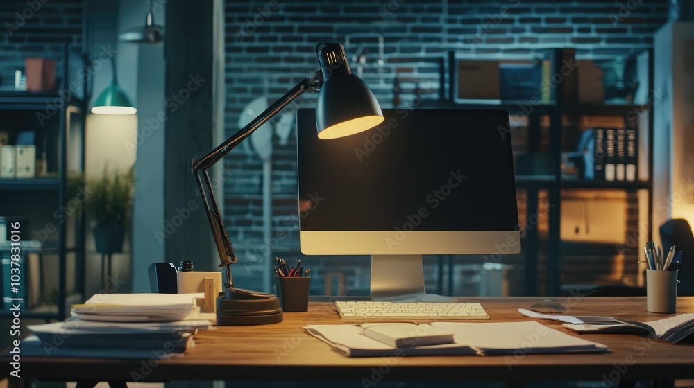 Poster A modern office setup with a desk lamp providing light to a computer and documents on the desk. 