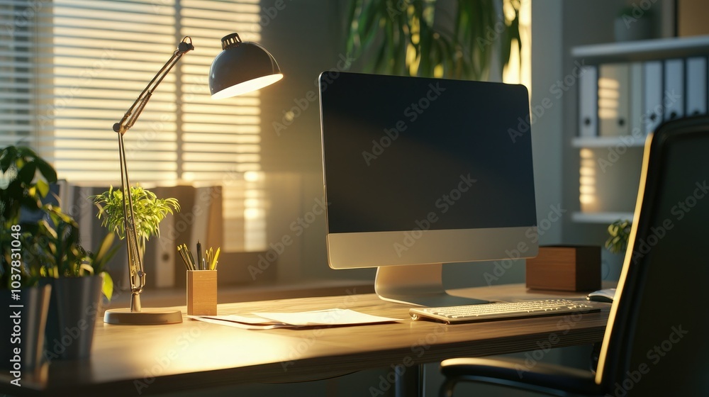 Poster A modern office setup with a desk lamp providing light to a computer and documents on the desk. 