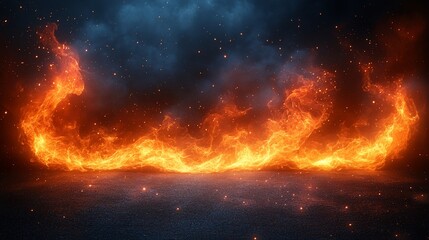 Obraz premium A vibrant display of flames against a dark, smoky background, evoking intensity and energy.