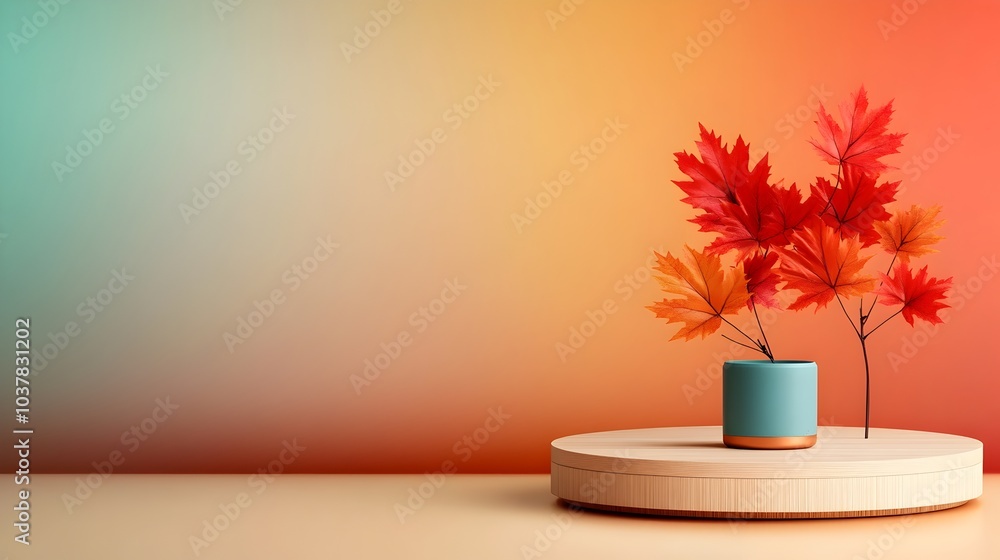 Poster autumn maple leaves arranged on a circular wooden display platform against a warm multicolored backd