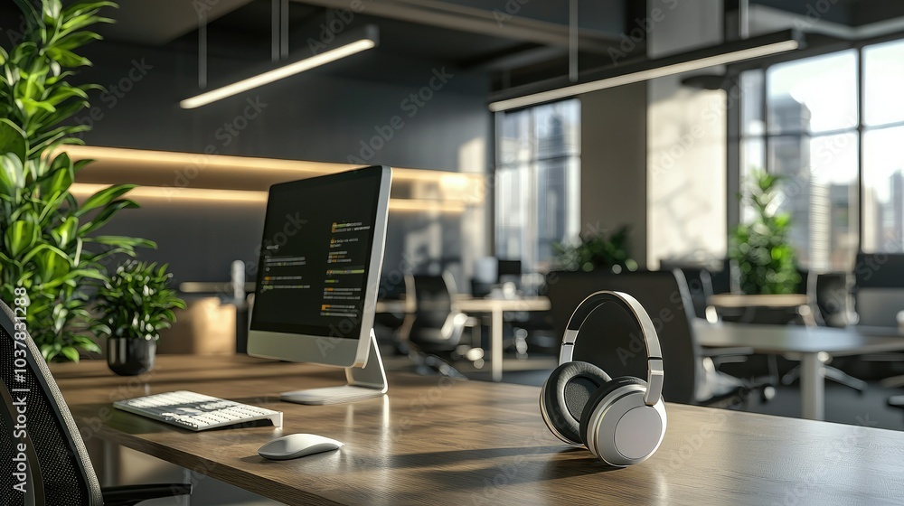 Poster An office headset resting on a desk next to a computer in a modern office environment. 
