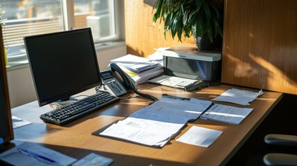 Fototapeta premium An office desk with a telephone sitting next to a computer and documents in a professional work setting. 