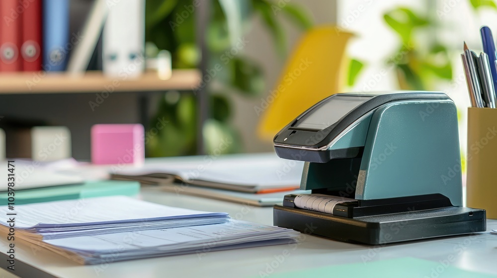 Poster An office setup with a tape dispenser placed next to a stapler and paperwork in a clean workspace. 
