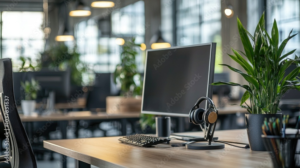 Poster An office headset resting on a desk next to a computer in a modern office environment. 