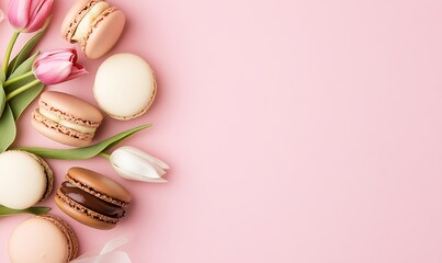 Fototapeta premium delightful macaroons and tulip flowers on a pink background close up, Generative AI