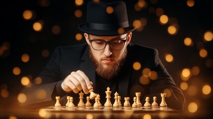 Intense chess player strategizing under warm bokeh lights