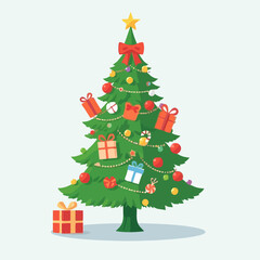 Christmas tree decorated with candy, bells, presents, and stockings