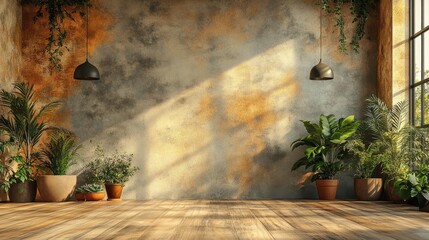Rustic room with natural lighting wooden floor potted plants and textured walls creating a cozy and earthy ambiance in a modern indoor space.. Generative AI