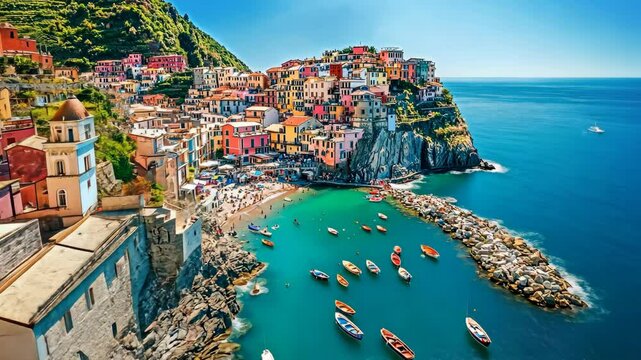 A colorful village perched on a cliff overlooking the turquoise water of the Mediterranean Sea