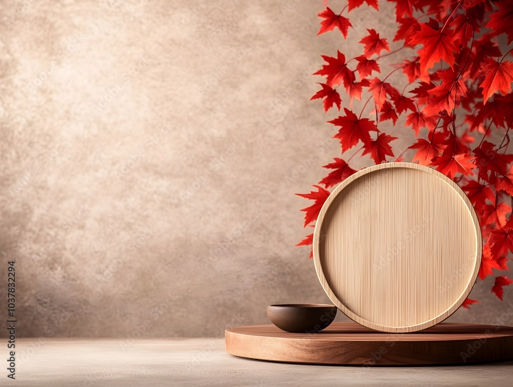 Poster elegant wooden circular dais set on a table with cascading red maple leaves in the background showca