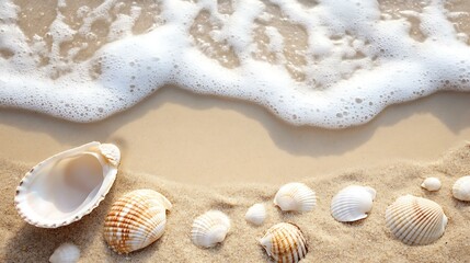 A beach with gentle waves washing up on the shore and seashells scattered in the sand