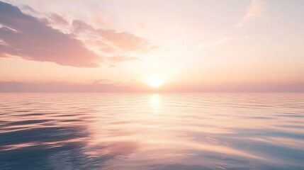 A calm sea at sunrise, with soft pink and orange hues reflecting on the still water