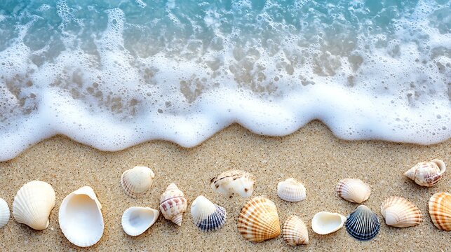 A beach with gentle waves washing up on the shore and seashells scattered in the sand
