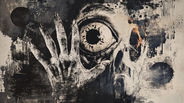 A horrifying digital painting of a monstrous creature with a single, large eye and a skeletal hand reaching out from a dark and chaotic background.