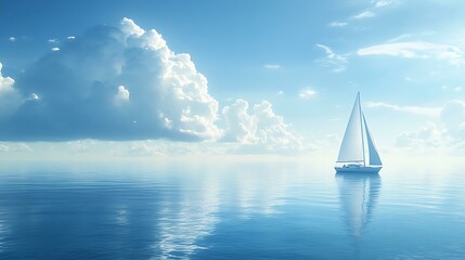 A calm, open sea with a sailboat gliding across the water and the sky blending into the horizon