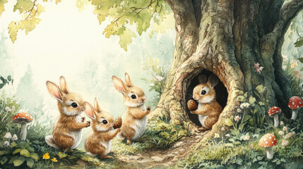 A group of rabbits in a tree hole