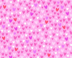 Seamless pattern with small hearts. Cute simple minimalistic pattern. Wrapping paper, design for Valentine's Day, Birthday. Purple, pink and white hearts on a pink background.