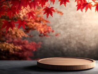 Elegant wooden display with vibrant red maple foliage hanging in the background set against a multicolored backdrop with warm and inviting tones  The product photography style features soft