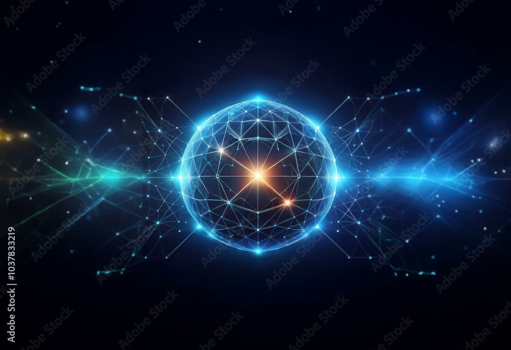 Poster a glowing sphere of interconnected lines and dots on a dark blue background.
