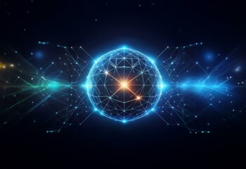 A glowing sphere of interconnected lines and dots on a dark blue background.