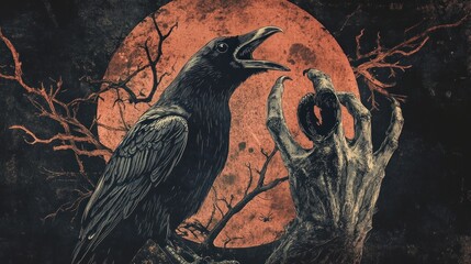 A raven perches on a branch with a skeletal hand reaching out against a blood red moon.