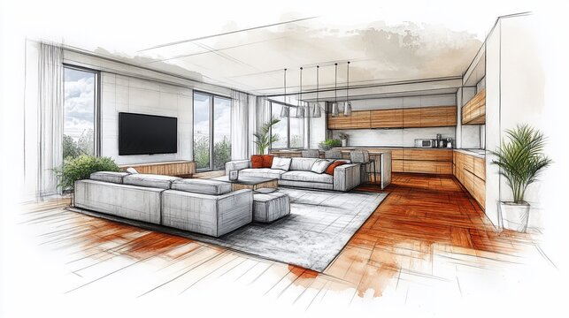 Hand-drawn sketch of a modern living room interior design with a large couch, TV, coffee table, and kitchen.