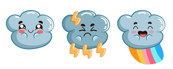 Cartoon set illustration of a cute clouds with faces drawing by hand. Childish vector design isolated on white background. Kawaii elements for poster, greeting card and kids design.