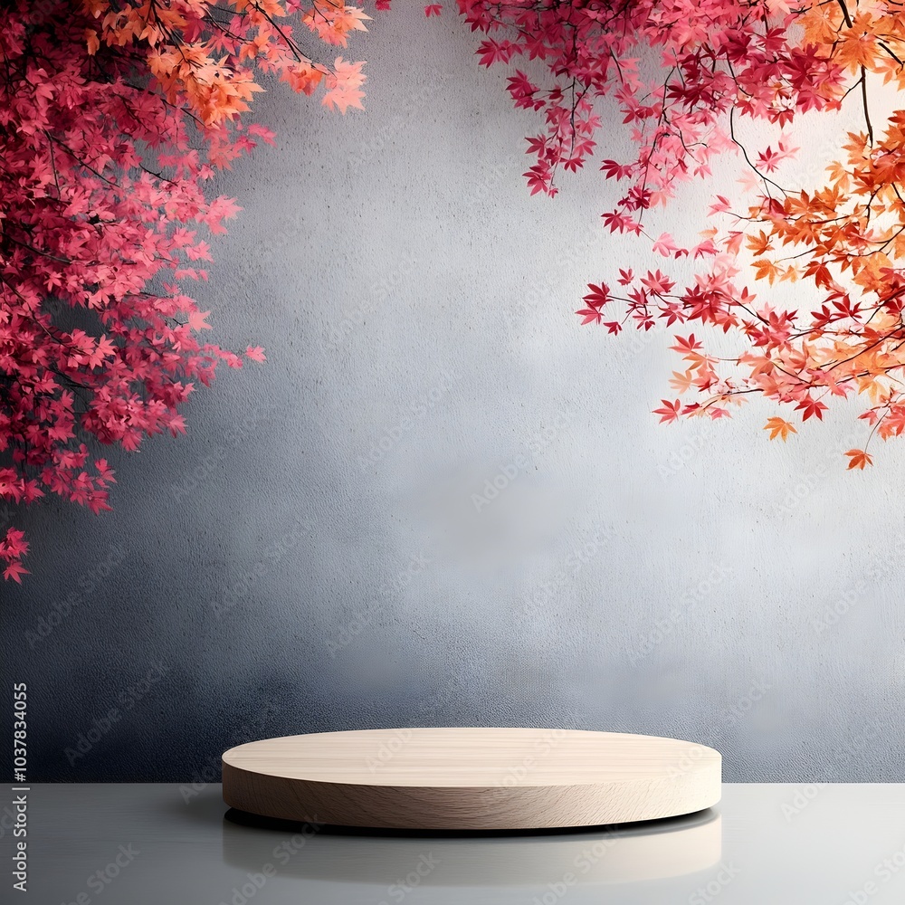 Poster elegant wooden pedestal with trailing fuchsia and coral maple foliage in a minimalist and refined pr