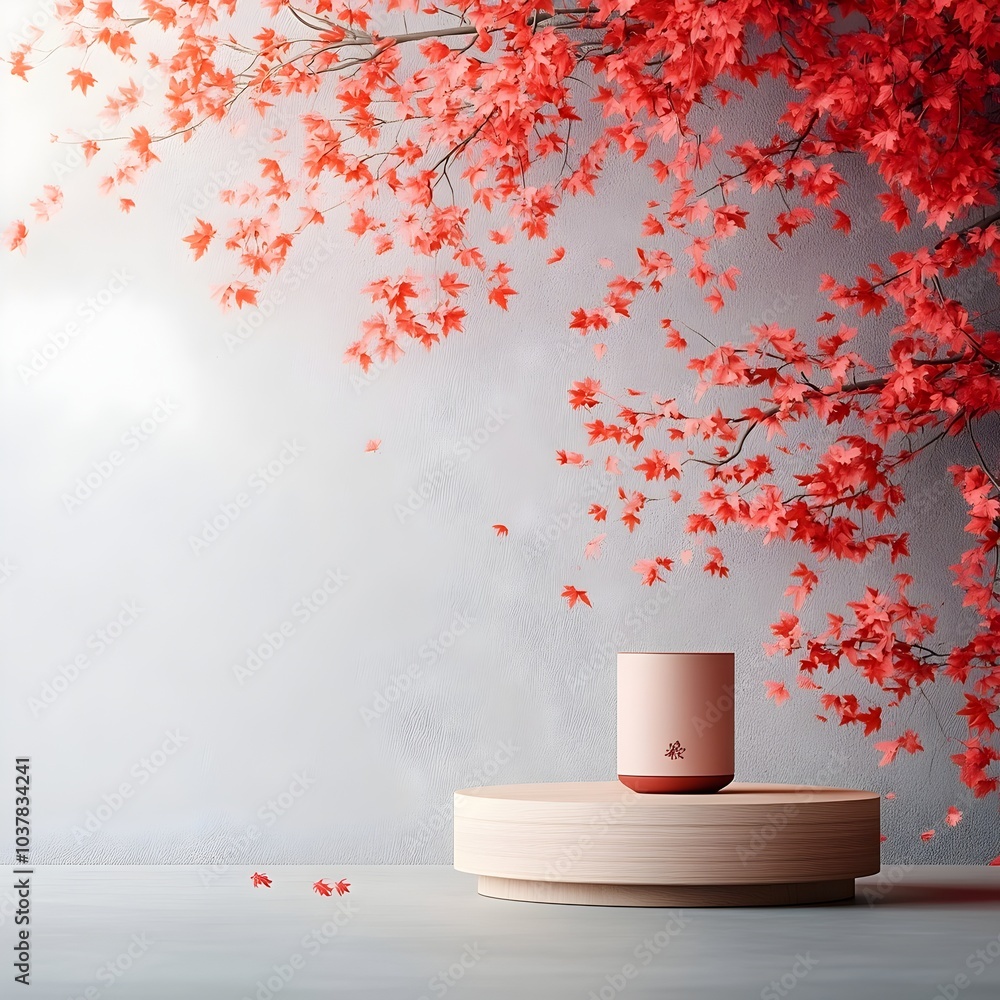 Poster a round wooden pedestal standing on a table with trailing fuchsia and coral maple foliage in the bac
