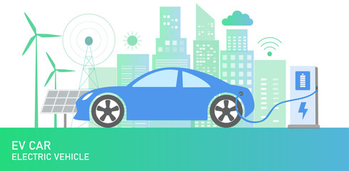 Naklejka premium Electric car, EV car, car charging battery at electric charging station with solar panel and wind turbines. Sustainable green energy for ecology environment.