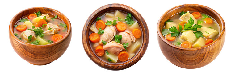 Srt of a Top-down view of a hearty chicken soup with carrots, potatoes, and herbs served in a rustic wooden bowl, emphasizing warmth and comfort.
