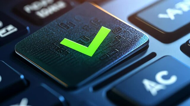 A green checkmark on a black button signifies completion on a dark blue keyboard