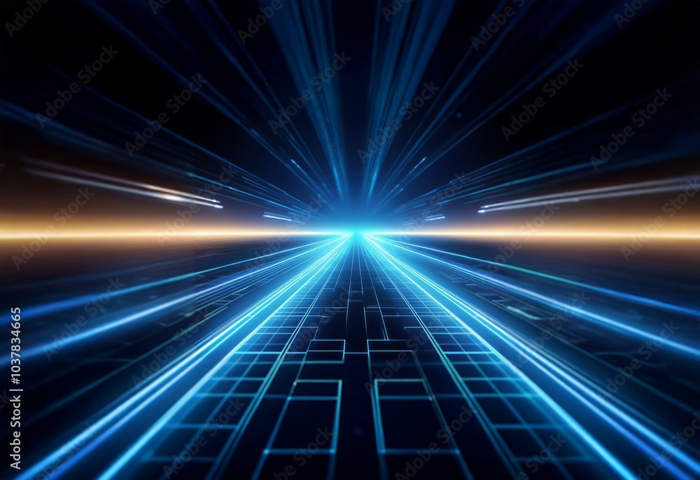Poster a high-speed journey through a dark, digital landscape illuminated by glowing lines and grids.
