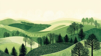 A stylized illustration of a green hilly landscape with trees.
