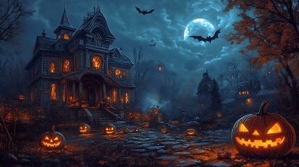A spooky Halloween night with a haunted house, glowing pumpkins, and eerie bats in a vintage folk art style