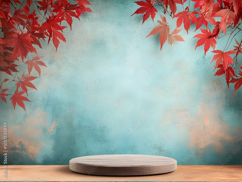 Poster warm and natural tabletop backdrop with vibrant maple leaves minimalist and refined autumn inspired 