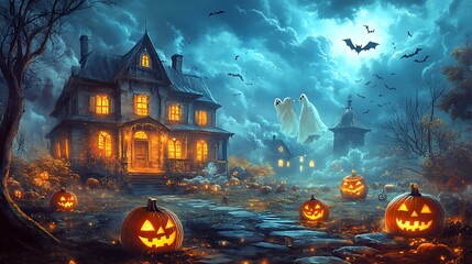A spooky vintage Halloween night with glowing pumpkins, bats flying around, and a ghost hovering near an old haunted house