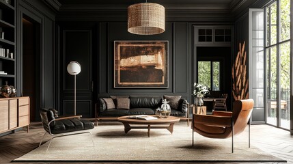 A modern living room with dark walls, a leather sofa, and a wooden coffee table. There is a large painting hanging on the wall and a floor lamp in the corner.