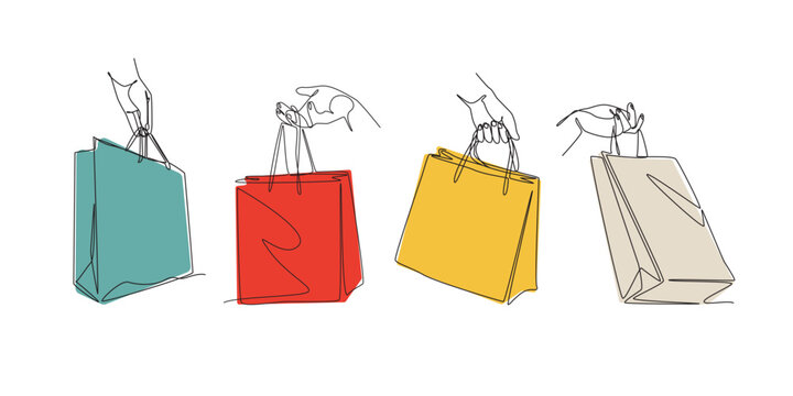 set of drawing of hands carrying shopping bag in continuous one line drawing style. Shopping, lifestyle, fashion concept. Editable line and colored vector illustration