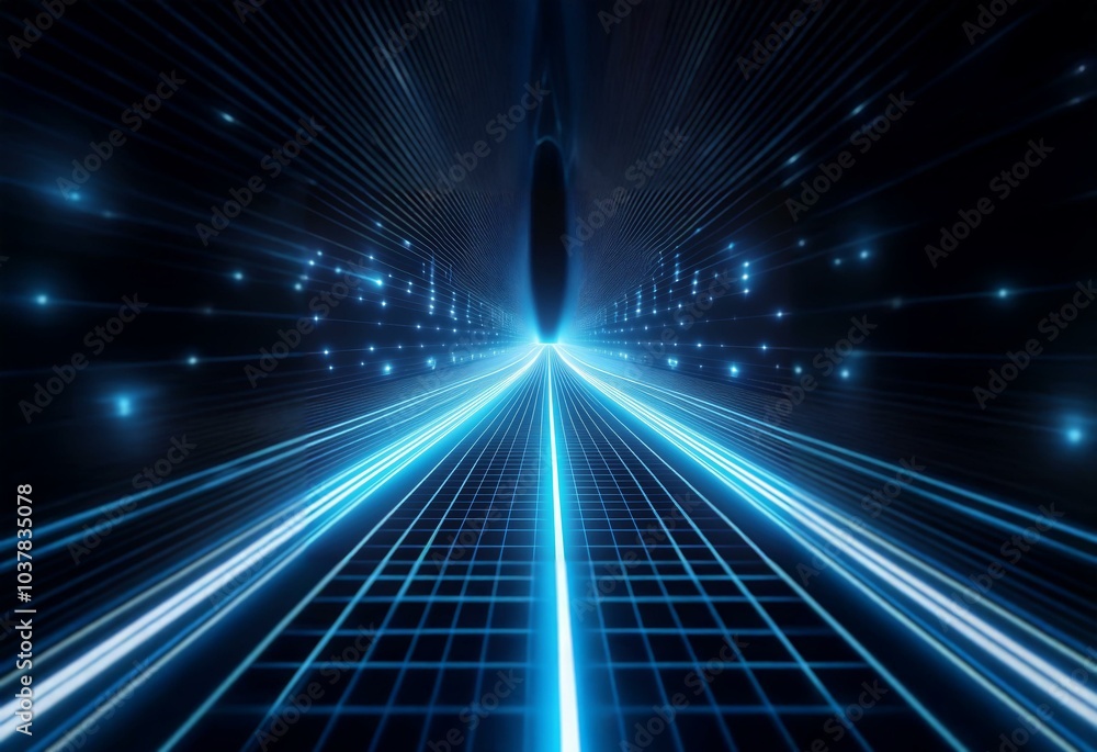 Poster glowing blue beams of light illuminate a structured pathway.