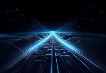 A luminous grid path glows, cutting through abstract waves of energy.