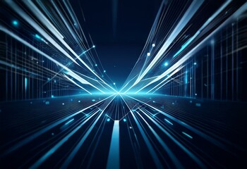 A dark symmetrical background with blue and white streaks emanating from the center.